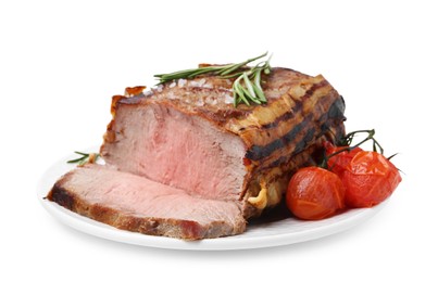 Photo of Delicious baked beef meat, tomatoes, rosemary and salt isolated on white