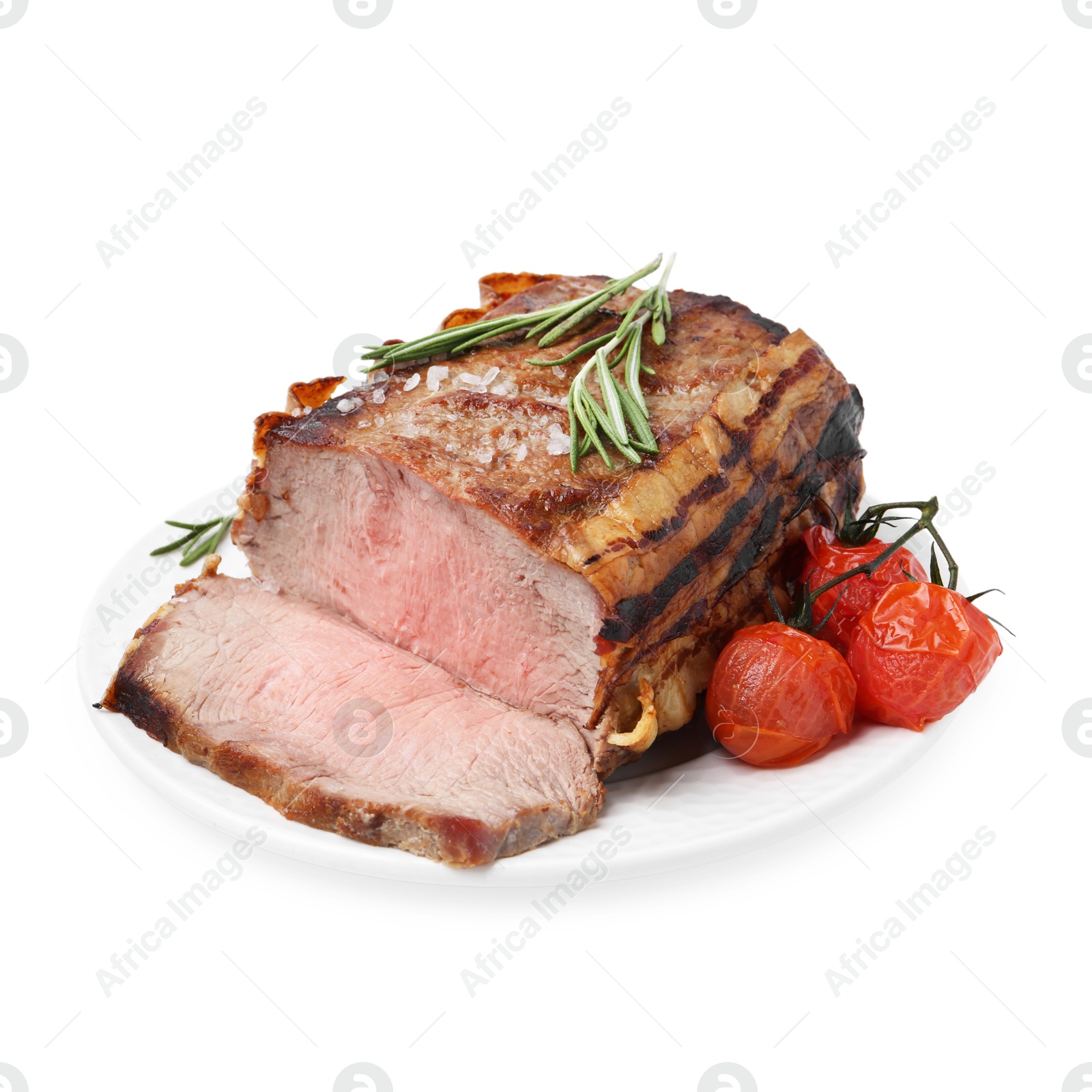 Photo of Delicious baked beef meat, tomatoes, rosemary and salt isolated on white
