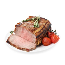 Photo of Delicious baked beef meat, tomatoes, rosemary and salt isolated on white