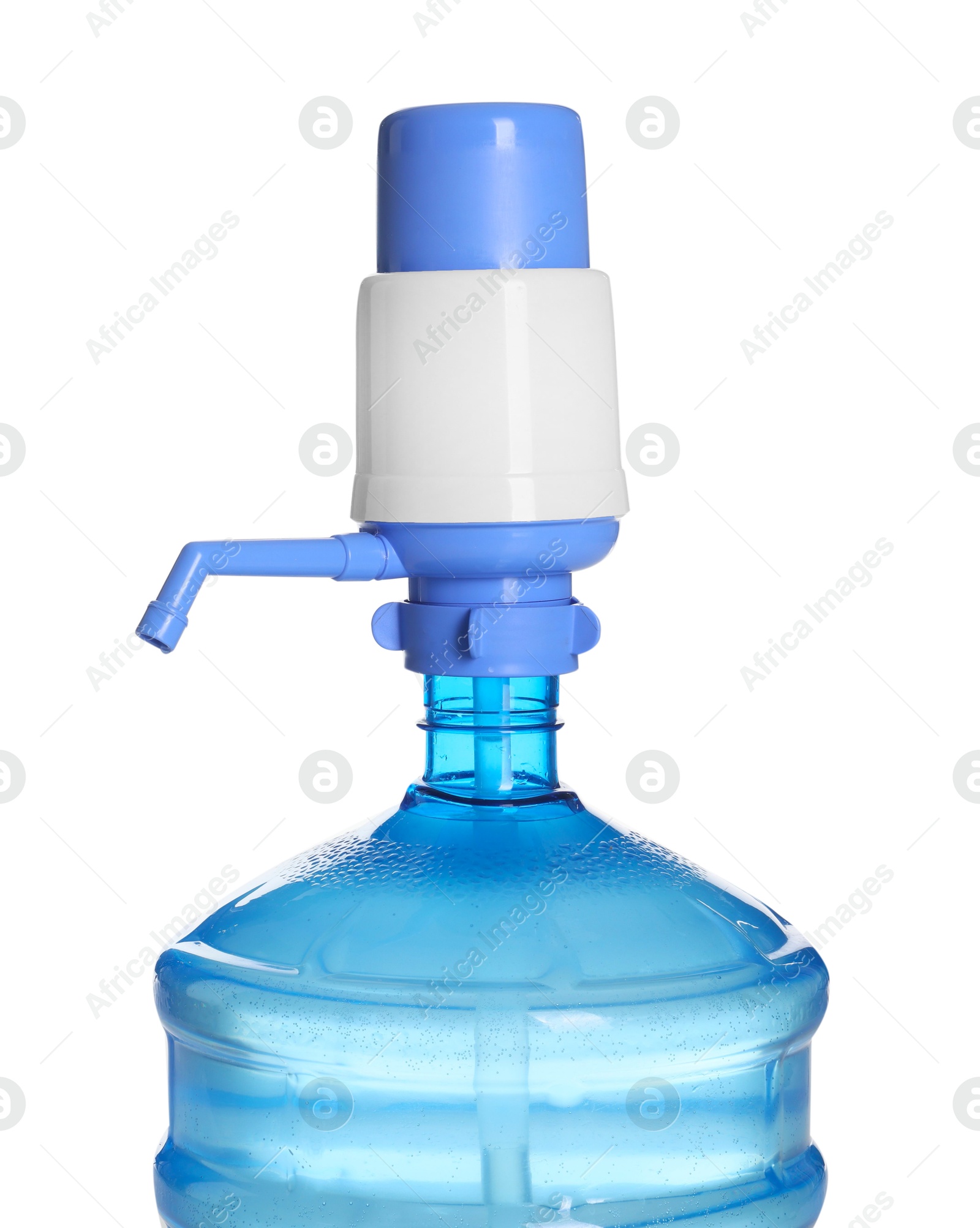 Photo of One cooler bottle with water and pump isolated on white