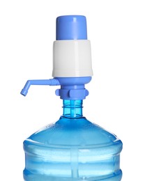Photo of One cooler bottle with water and pump isolated on white