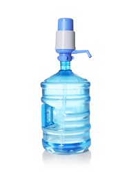 Photo of One cooler bottle with water and pump on mirror surface isolated on white