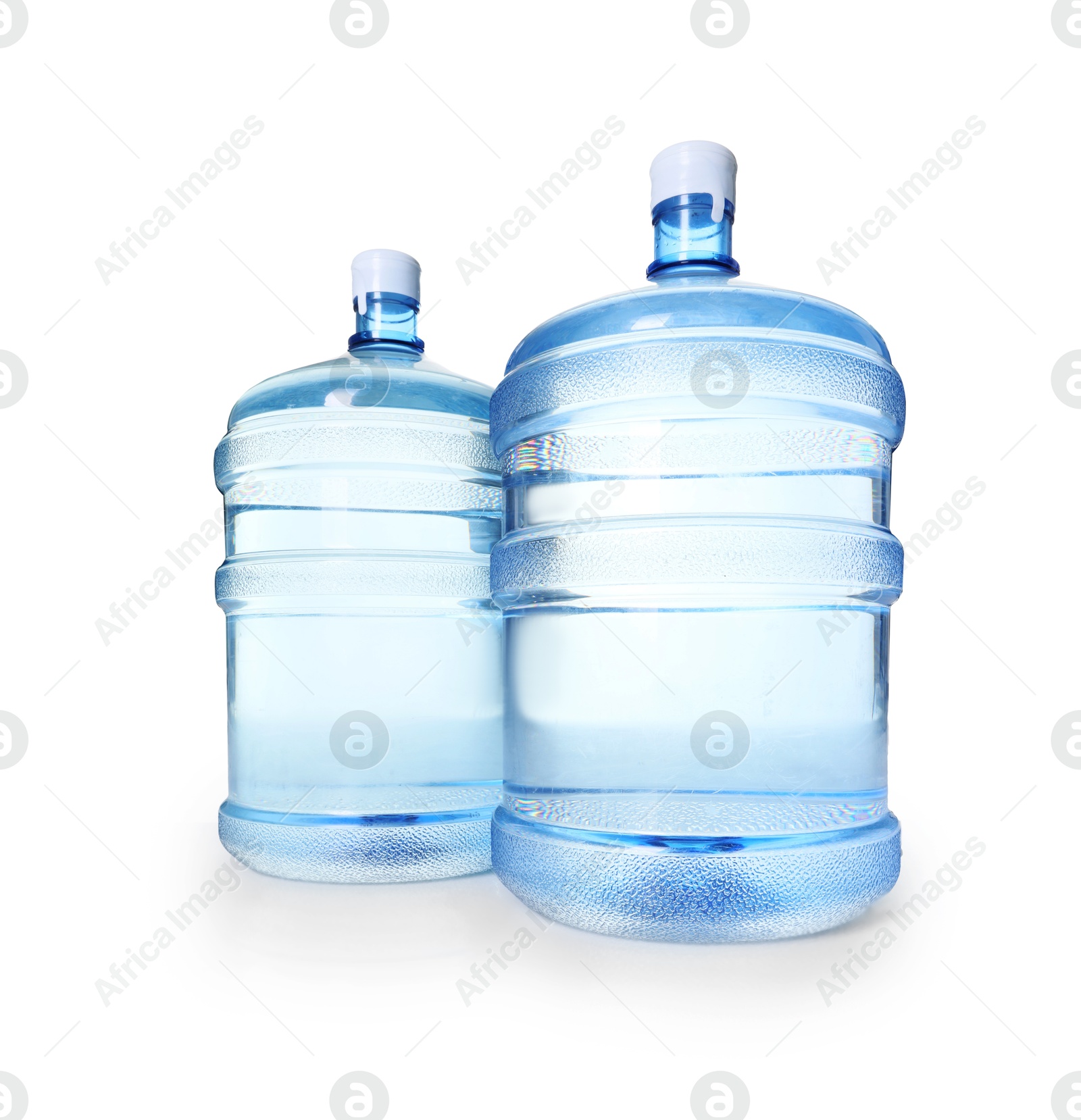 Cooler bottles with water isolated on white Photo of Cooler bottles with water isolated on white