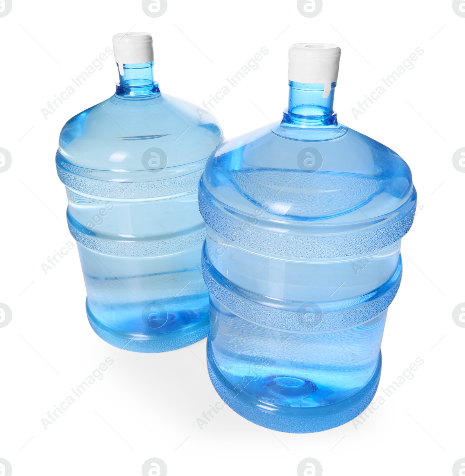Cooler bottles with water isolated on white Photo of Cooler bottles with water isolated on white