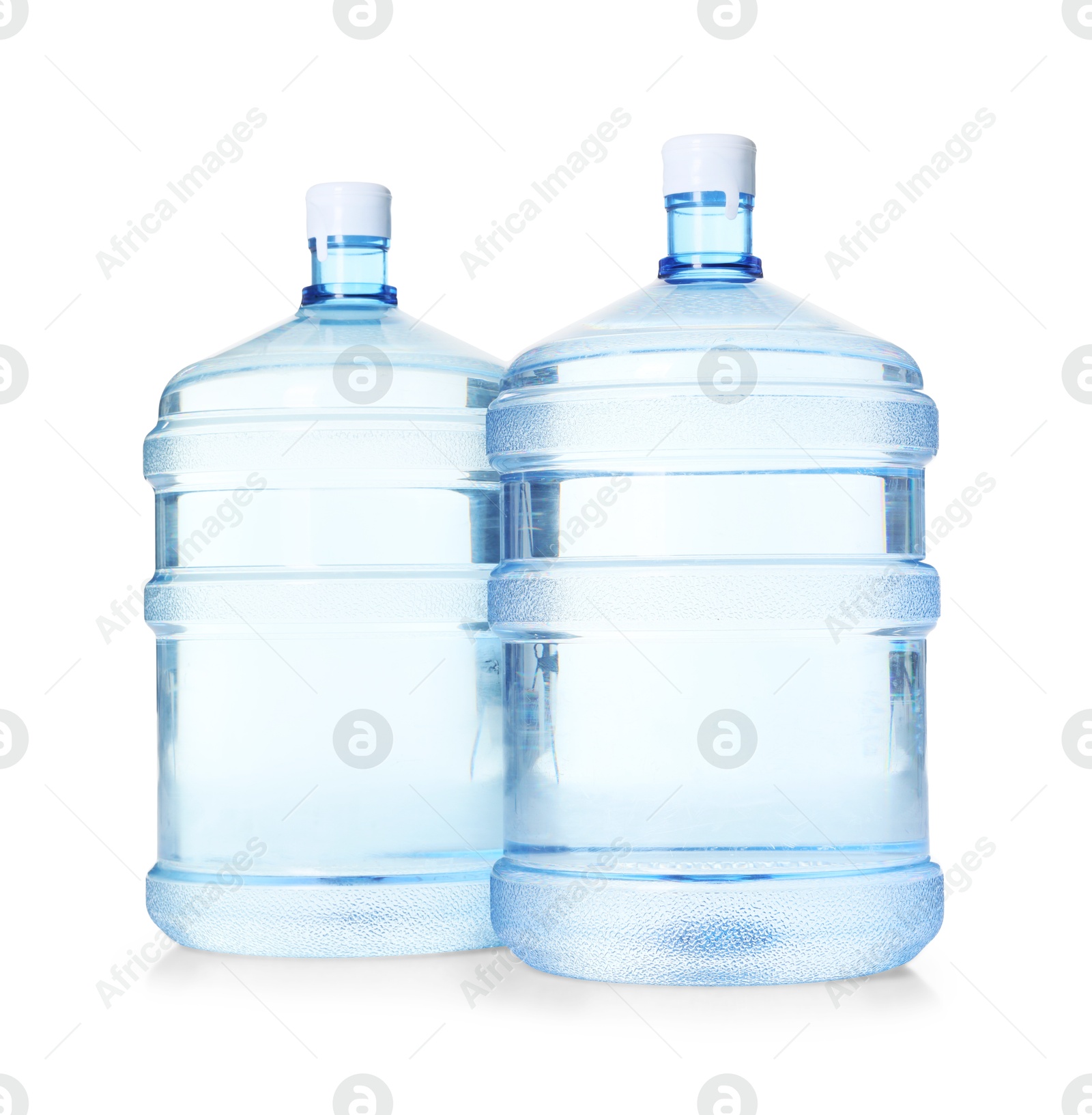 Cooler bottles with water isolated on white Photo of Cooler bottles with water isolated on white