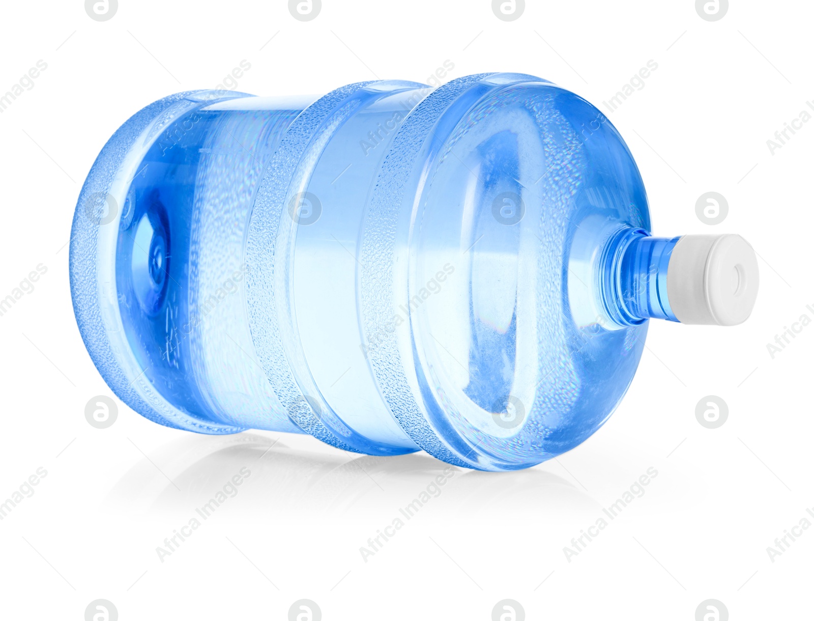 Photo of One cooler bottle with water on mirror surface isolated on white