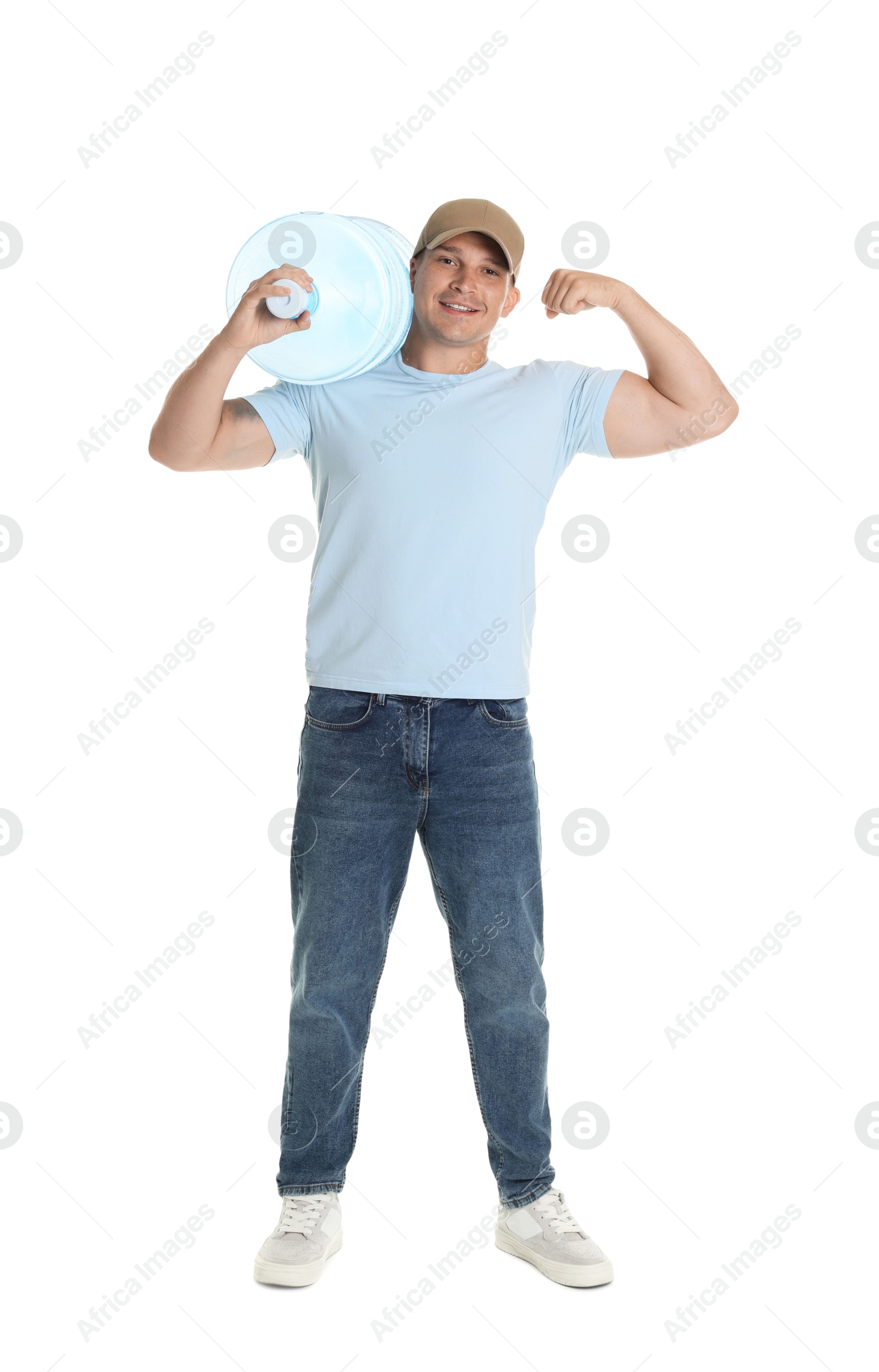 Photo of Smiling delivery man with cooler bottle of water showing his biceps on white background