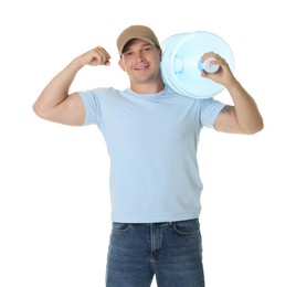 Photo of Smiling delivery man with cooler bottle of water showing his biceps on white background