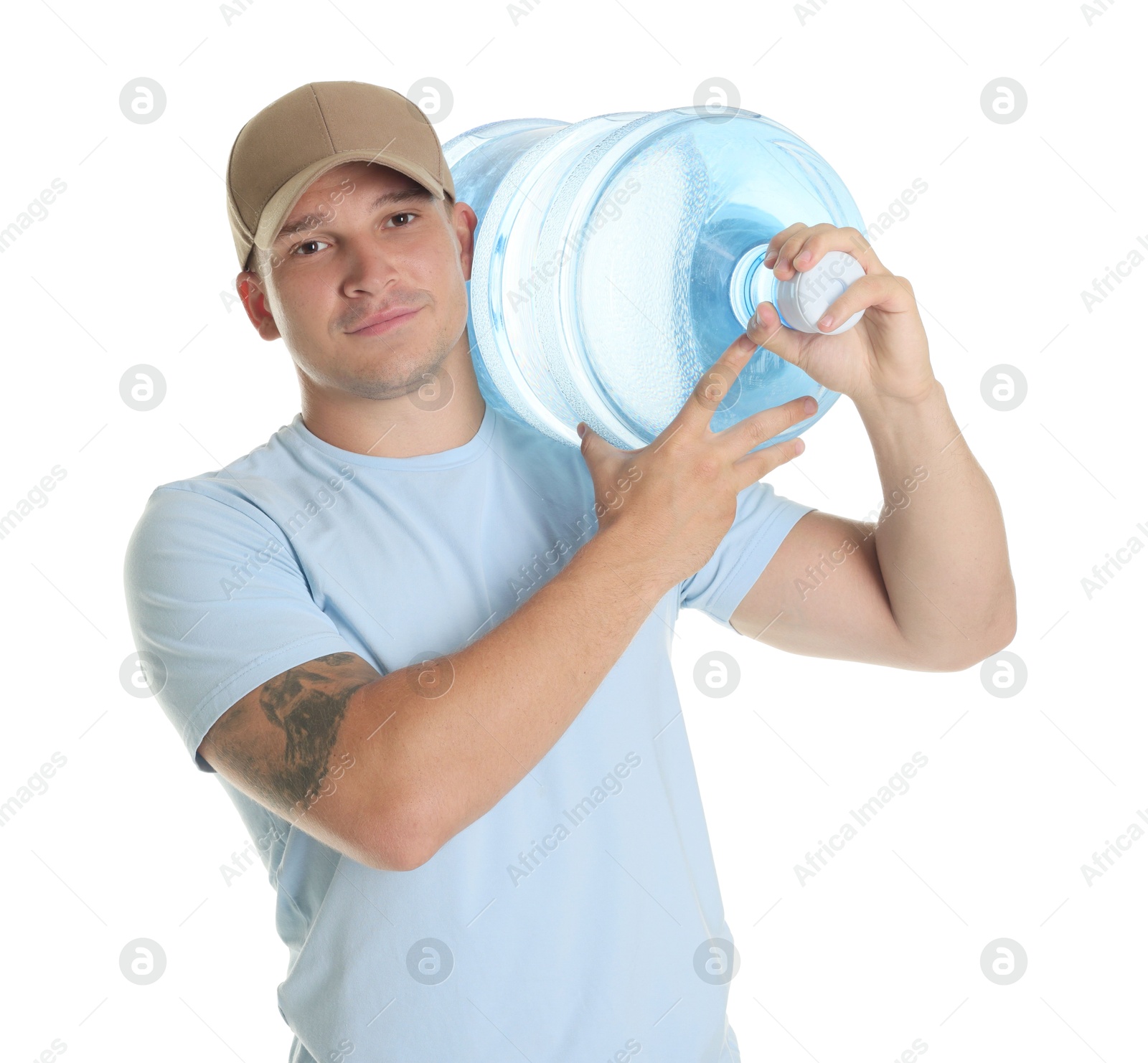Photo of Delivery man with cooler bottle of water on white background