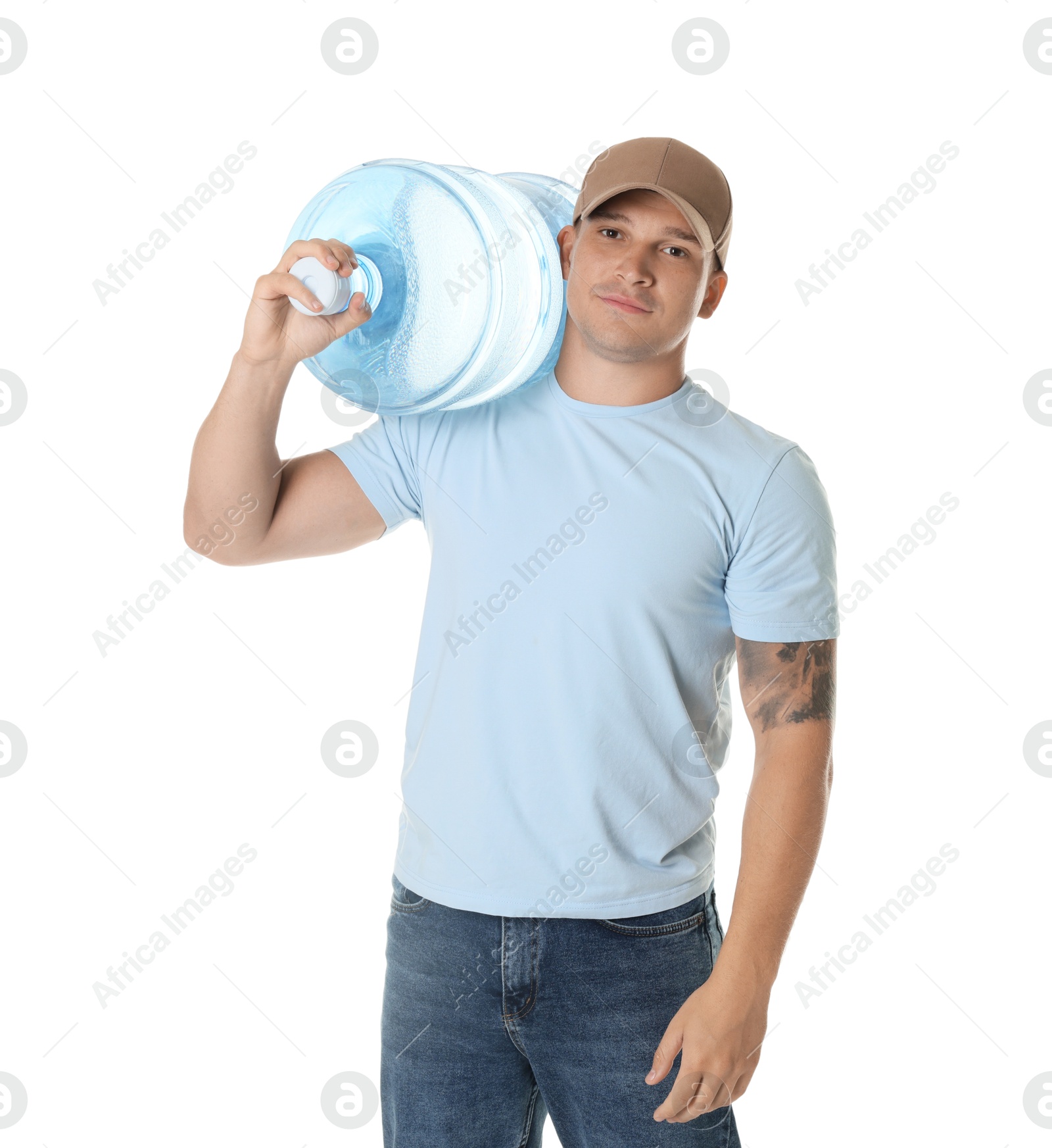Photo of Delivery man with cooler bottle of water on white background