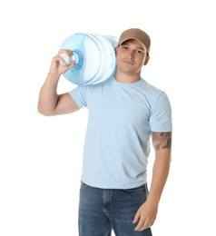 Photo of Delivery man with cooler bottle of water on white background