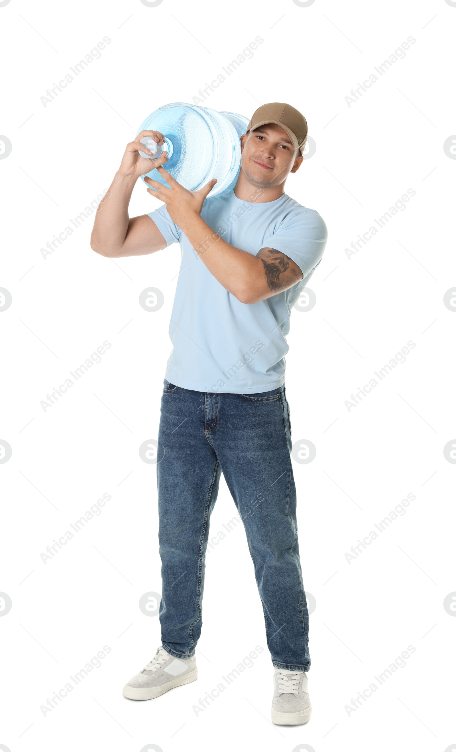 Photo of Delivery man with cooler bottle of water on white background