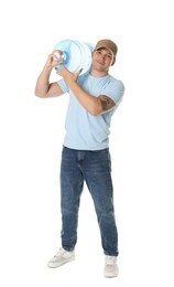 Photo of Delivery man with cooler bottle of water on white background