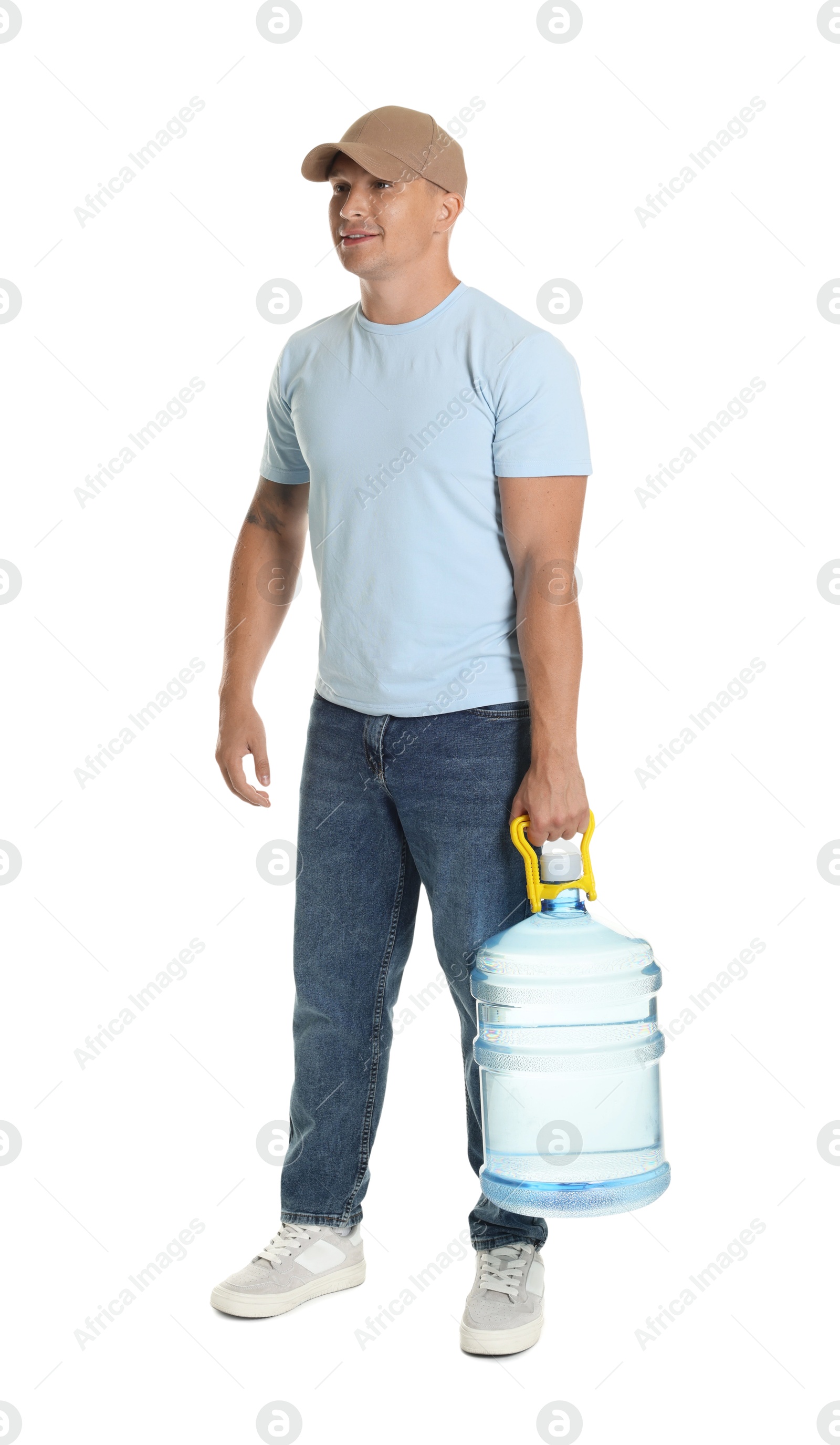 Photo of Smiling delivery man with cooler bottle of water on white background