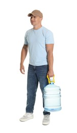 Photo of Smiling delivery man with cooler bottle of water on white background
