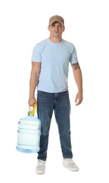 Photo of Delivery man with cooler bottle of water on white background