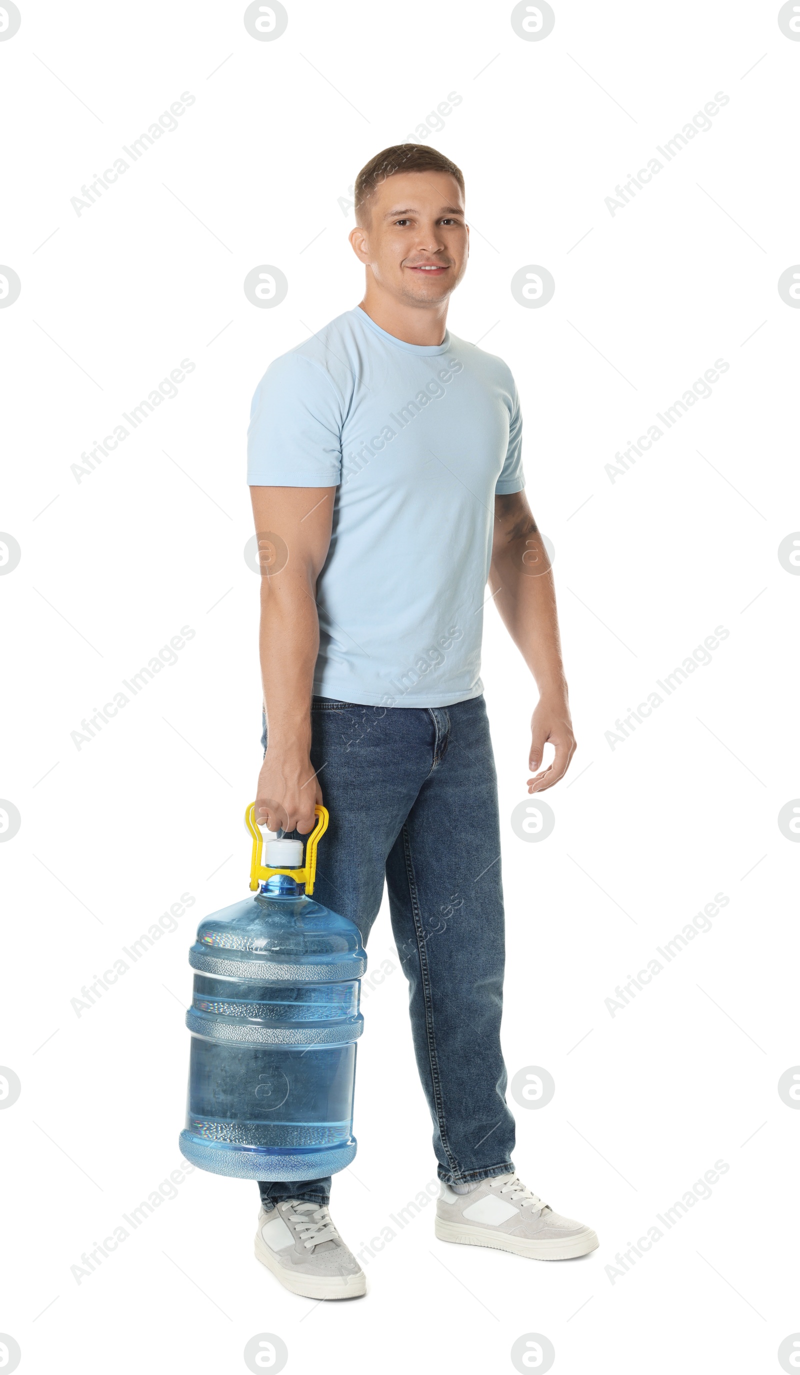 Photo of Smiling delivery man with cooler bottle of water on white background
