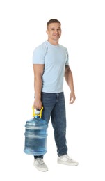 Photo of Smiling delivery man with cooler bottle of water on white background