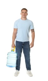 Photo of Smiling delivery man with cooler bottle of water on white background
