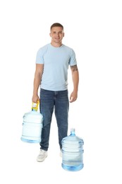 Photo of Smiling delivery man and cooler bottles of water on white background