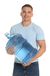 Photo of Smiling delivery man with cooler bottle of water on white background