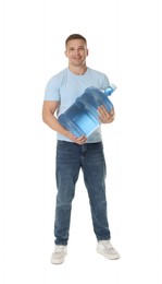 Photo of Smiling delivery man with cooler bottle of water on white background