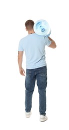 Photo of Delivery man with cooler bottle of water on white background, back view