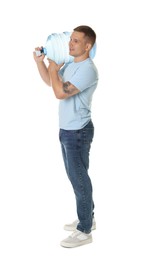 Photo of Smiling delivery man with cooler bottle of water on white background