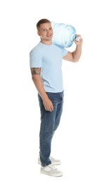 Photo of Smiling delivery man with cooler bottle of water on white background