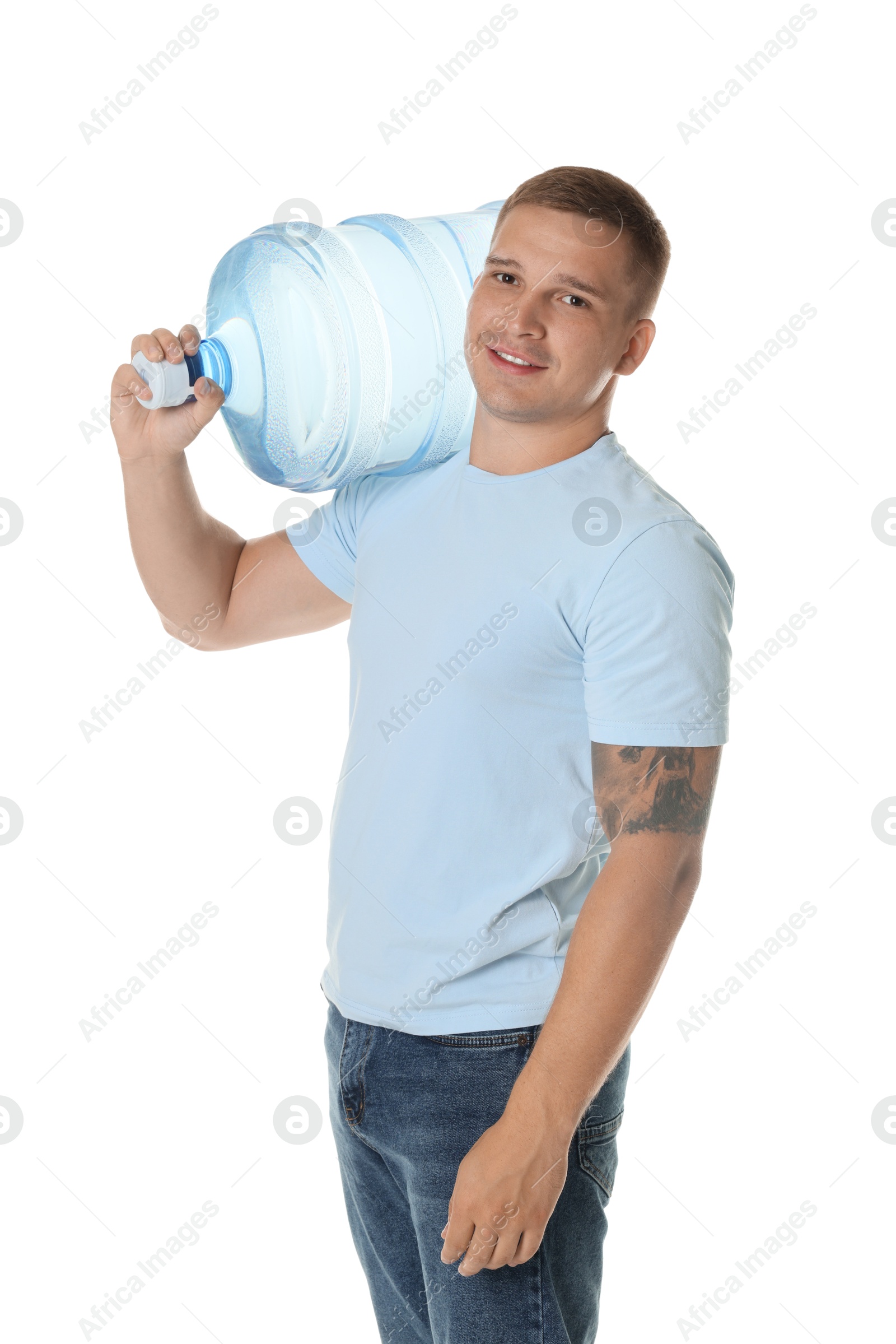 Photo of Smiling delivery man with cooler bottle of water on white background