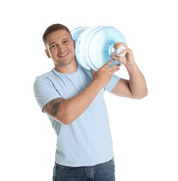 Photo of Smiling delivery man with cooler bottle of water on white background