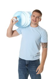 Photo of Smiling delivery man with cooler bottle of water on white background
