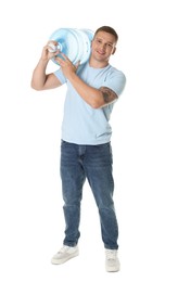Photo of Smiling delivery man with cooler bottle of water on white background
