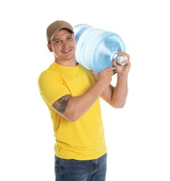 Photo of Smiling delivery man with cooler bottle of water on white background