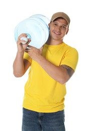 Photo of Smiling delivery man with cooler bottle of water on white background