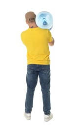 Photo of Delivery man with cooler bottle of water on white background, back view