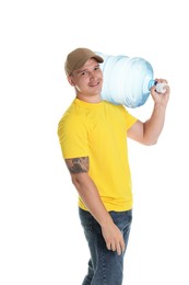 Photo of Smiling delivery man with cooler bottle of water on white background