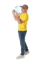 Photo of Smiling delivery man with cooler bottle of water on white background