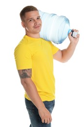 Photo of Delivery man with cooler bottle of water on white background