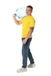 Photo of Smiling delivery man with cooler bottle of water on white background