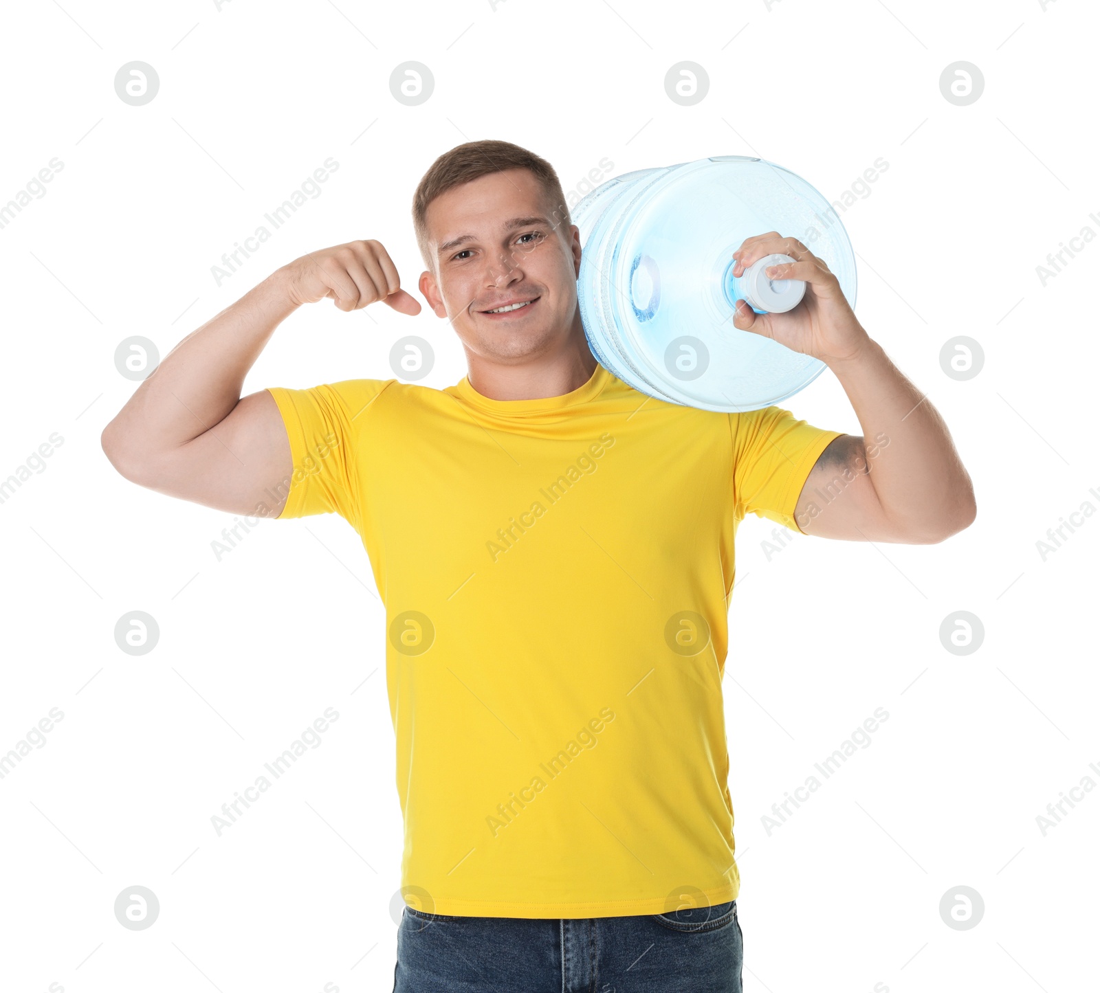Photo of Smiling delivery man with cooler bottle of water showing his biceps on white background