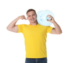 Photo of Smiling delivery man with cooler bottle of water showing his biceps on white background