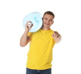 Photo of Smiling delivery man with cooler bottle of water pointing at camera on white background