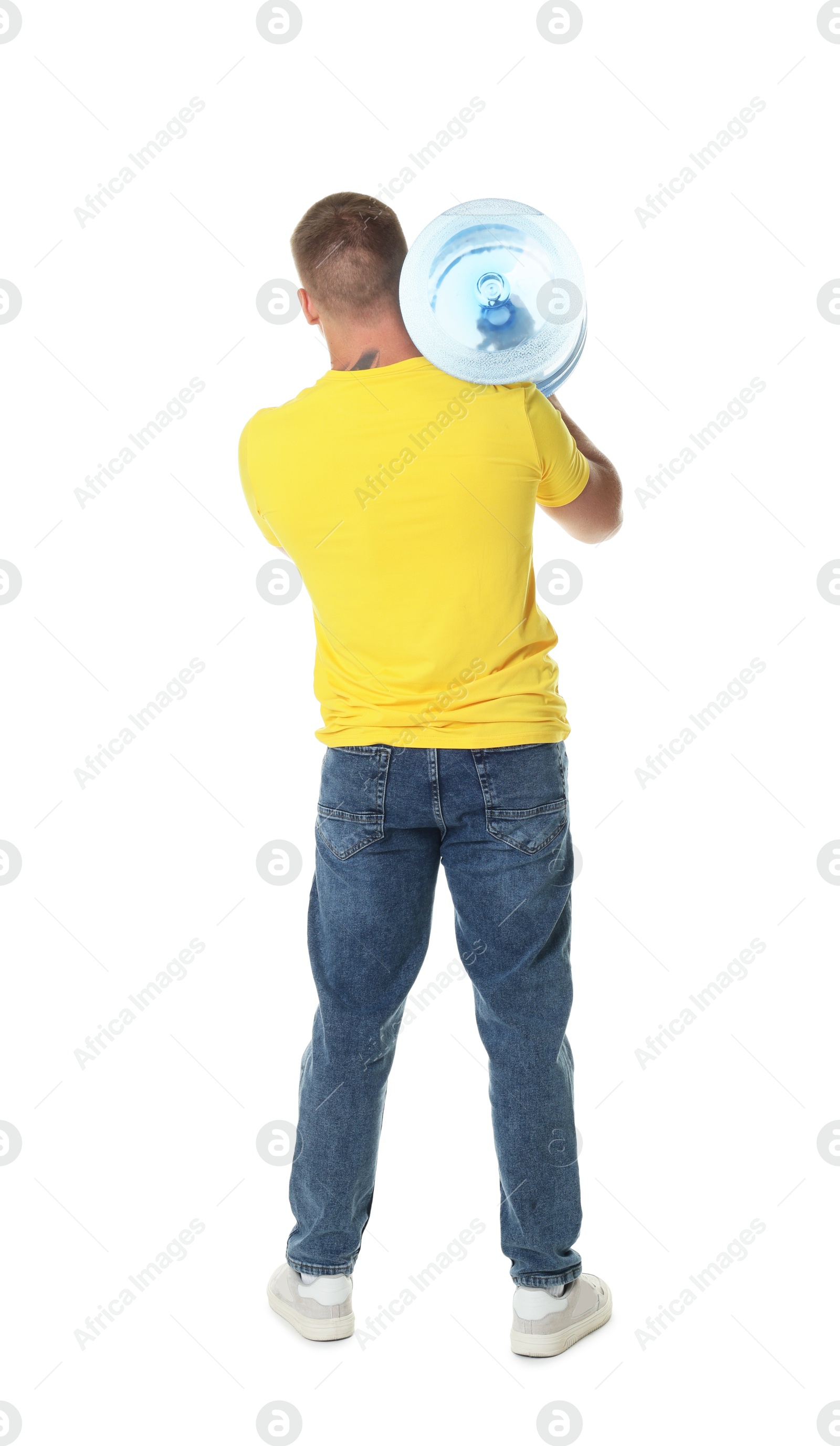 Photo of Delivery man with cooler bottle of water on white background, back view