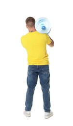 Photo of Delivery man with cooler bottle of water on white background, back view