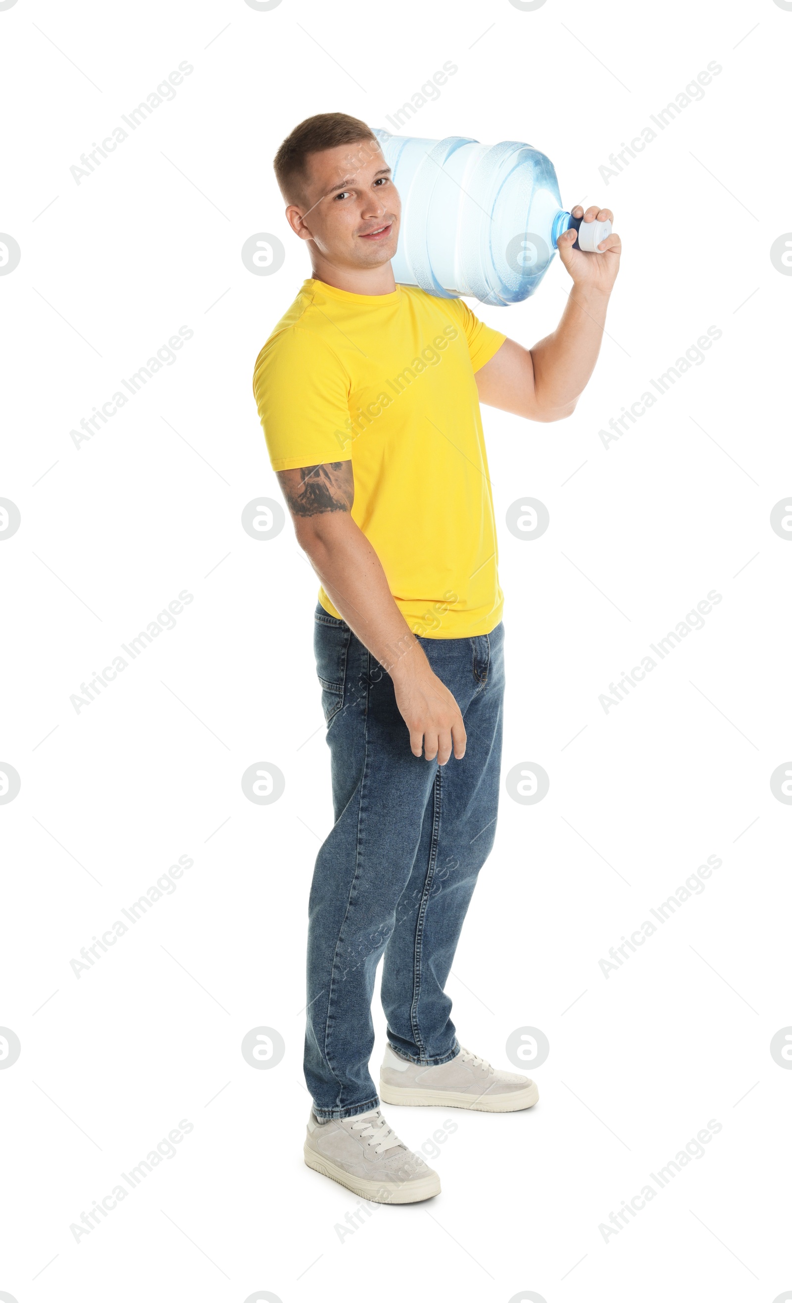 Photo of Delivery man with cooler bottle of water on white background