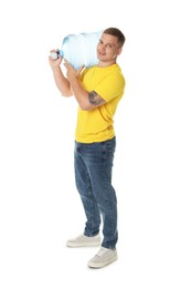 Photo of Smiling delivery man with cooler bottle of water on white background