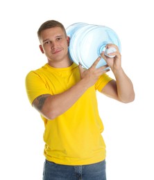 Photo of Delivery man with cooler bottle of water on white background
