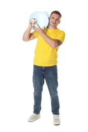 Photo of Smiling delivery man with cooler bottle of water on white background
