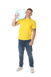Photo of Smiling delivery man with cooler bottle of water on white background
